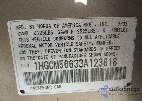 2003 Honda Accord 2.4 Ex z USA, uszkodzony, nr VIN 1HGCM56633A123818